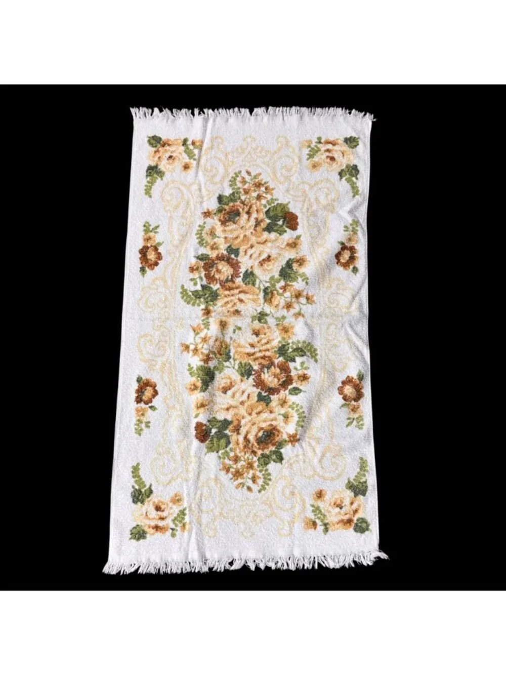 Vintage Floral Bath Towel 1970s Retro Fringe Cotton Rose Flowers Cannon USA